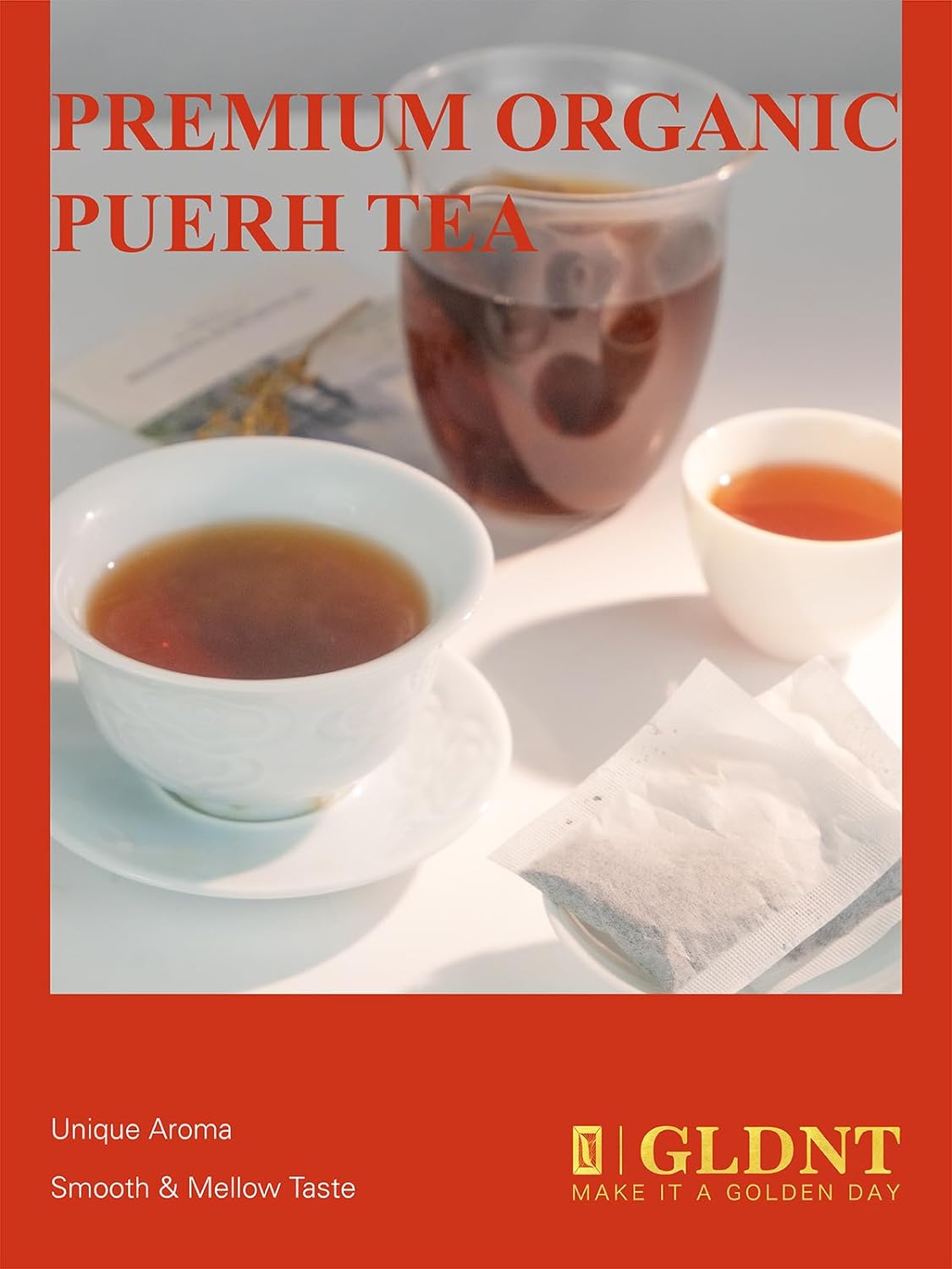 GLDNT Organic Pu-erh Tea Bags, Fermented Yunnan Dark Tea, Bold & Mellow Flavor, Caffeinated, 100 Count
