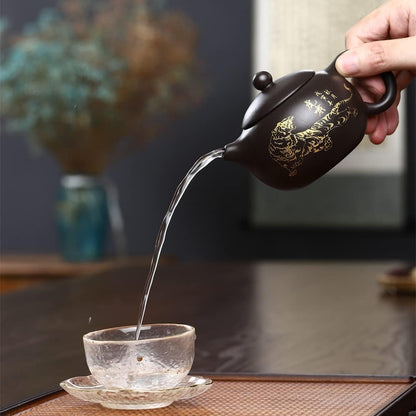 Xishi Teapot 7oz Chinese Clay Pot Ceramics Zisha Black Mud Kungfu Tea Set Gold Tiger