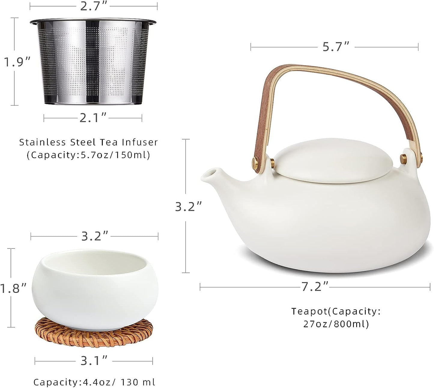 ZENS Ceramic Teapot with Infuser, Bentwood Handle Loose Leaf Japanese Tea Set, 27 Ounce Matte White Tea Pot with 4 Cups & Rattan Coasters for Women Gift