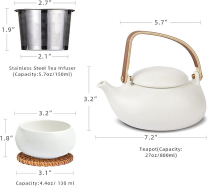 ZENS Ceramic Teapot with Infuser, Bentwood Handle Loose Leaf Japanese Tea Set, 27 Ounce Matte White Tea Pot with 4 Cups & Rattan Coasters for Women Gift