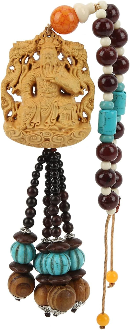 Guan Gong Car Pendant Double-Sided Hand-Made Boxwood Chinese Buddha Statue Car Hanging Ornament for Lucky Drive Safety Amulet