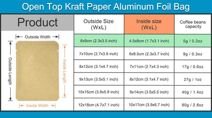 FERENLI 100 Pieces 2.3x3.5 inch (Usable Size 1.7x3.1 inch) Kraft Paper Open Top Vacuum Sealable Bags Mylar Foil Heat Seal Pouches for Sample Food Storage Packaging with Tear Notches