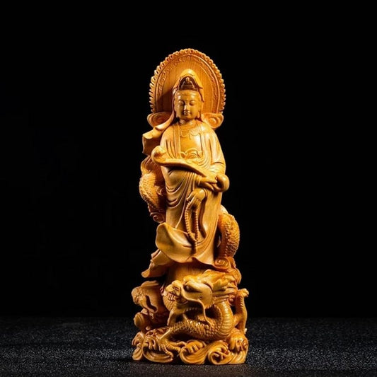 YQLKD Figurine Boxwood Dragon Guanyin Sculpture Buddha Wood Statue Decoration