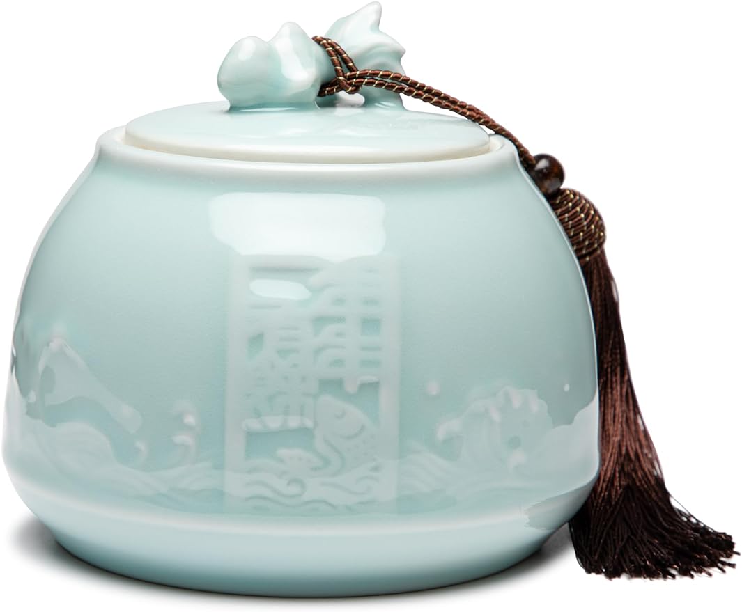 SILINE Genuine Longquan Celadon Airtight Container 20 oz/600ml,Green Porcelain Loose Tea Storage Jar (Pink Cyan)