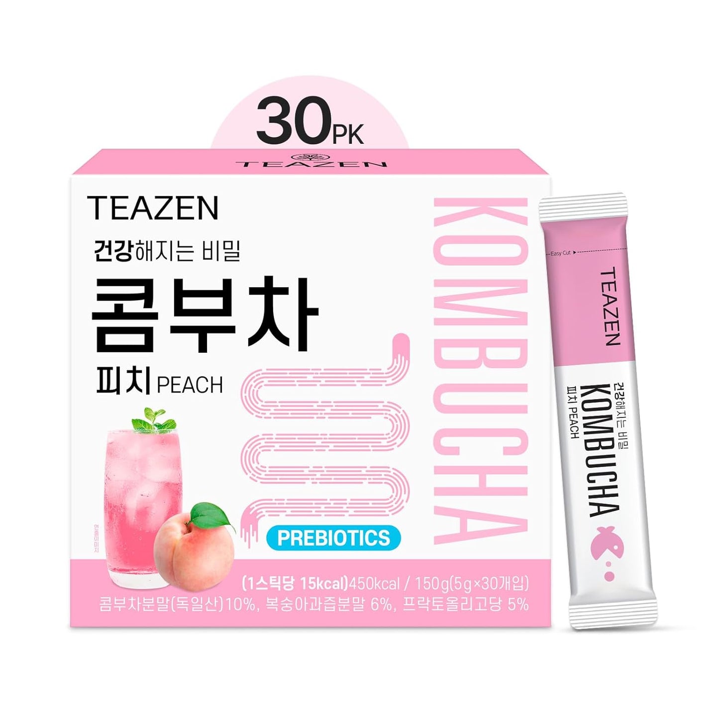 TEAZEN Pineapple Kombucha Tea, Live Probiotics & Postbiotics, Sugar Free, Low Caffeine, Sparkling Fermented Kombucha Powder from Korea, 30 Sticks, 5.29oz