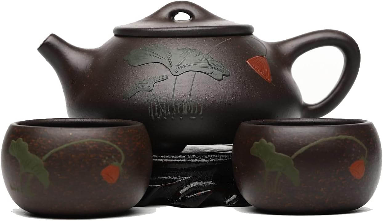 SILINE Zisha Tea Pot Set - Lotus Shipiao 7.4 Oz,Chinese Genuine Yixing Clay Handmade Teapot with 2 Cups,Brew Kung Fu Loose Leaf Tea