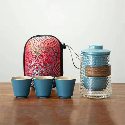 FUTWIZ Afternoon Tea Set 1 Set of Hammer Glass Travel Tea Set Portable Quick Cup Outdoor Carry on Special Travel Bag Kung Fu Teacup teapot Tea Set for Adults (Color : B)