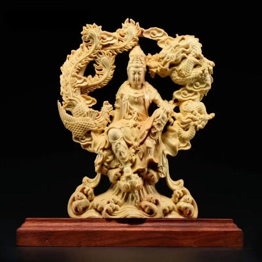 YTDJJWLS 21cm Wood Carving Dragon and Phoenix Guanyin Statue Home Room Office Feng Shui Buddha Statues