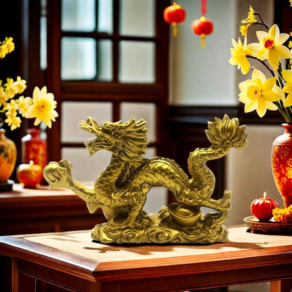 Chinese Gold feng Shui Decor Dragon Statue Figurines Sculpture Collectibles for Luck & Success 9 Inch