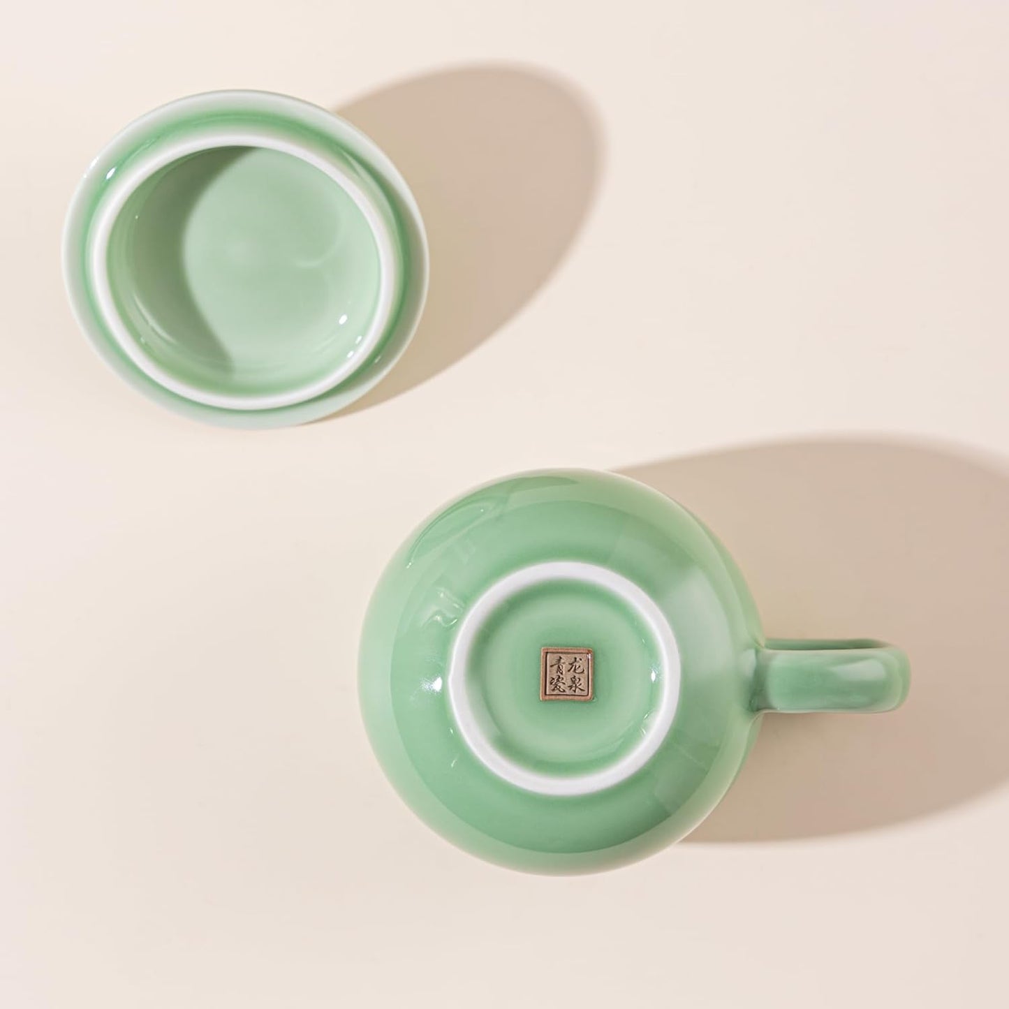 SILINE Longquan Celadon Tea Cup with Lid 11.8 oz/350ml,Green Porcelain Coffee Mug Teacup Lucky Gift -Classic Cyan