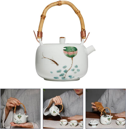 HOMSFOU 1pc Teapot Kung Fu Tea Supplies Herbal Tea Pot Glass Tea Kettle Ceramic Tea Kettle Chinese Zisha Zi Ni Porcelain Teaware Retro Tea Kettle White Loose Leaves Household Bamboo