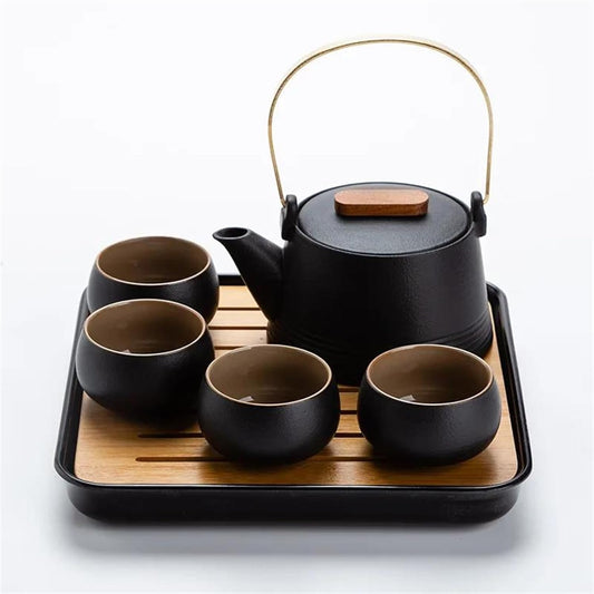 FUTWIZ Afternoon Tea Set Japanese Style Black Pottery Beam Teapot Tea Set One Pot Four Cups with Bag Kungfu Home Tea Set Office Travel Teaware Good Gifts Tea Set for Adults