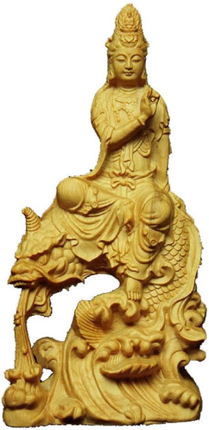 LILOVE 15cm Guan Yin Wood Buddha Statue Boxwood Dragon Guanyin Bodhisattva Solid Wood Sculpture Feng Shui Home Decor