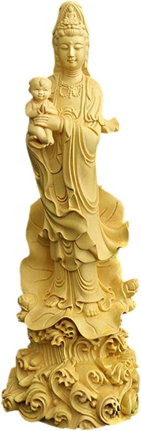 KIZQYN Guan Yin Statue Solid Wood Carving Guanyin Buddha, Modern Sculpture Art, Home Decoration Statue, Finely Carved Guanyin 20cm Lucky Buddha Statue