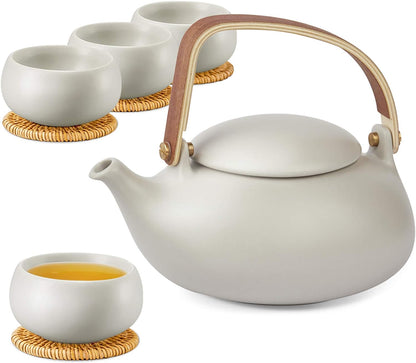 ZENS Ceramic Teapot with Infuser, Bentwood Handle Loose Leaf Japanese Tea Set, 27 Ounce Matte White Tea Pot with 4 Cups & Rattan Coasters for Women Gift