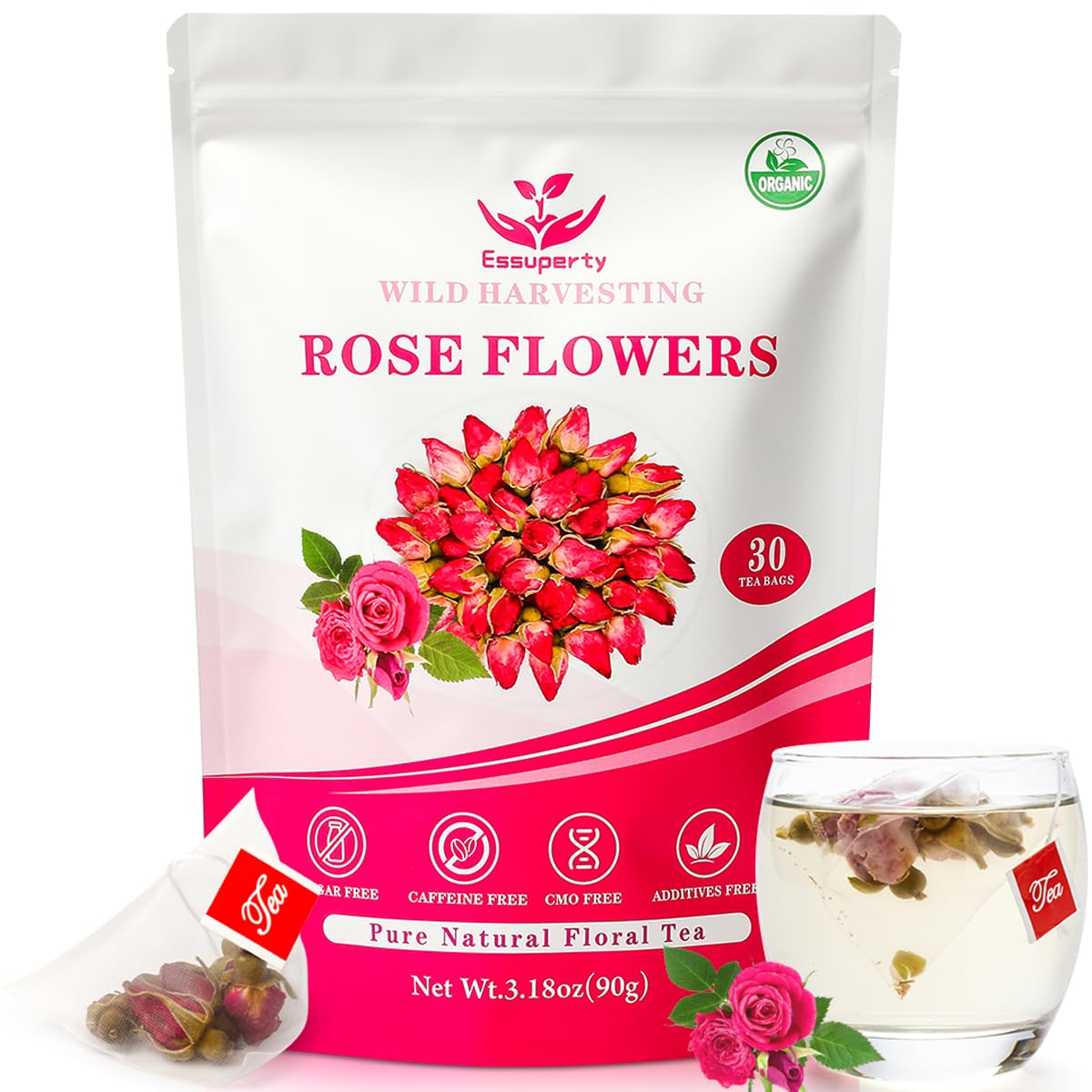 Essuperty- Rose Pu 'er Tea, Rose Puerh Tea Bags, Eco-Conscious Tea Bags, Caffeinated, All Natural Ingredients