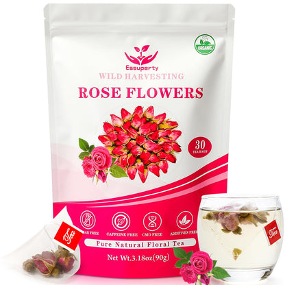 Essuperty- Rose Pu 'er Tea, Rose Puerh Tea Bags, Eco-Conscious Tea Bags, Caffeinated, All Natural Ingredients