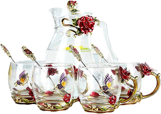 Qabinvoe Glass Teapot Tea Cup Set Enamel Rose Flower Butterfly Decoration Heat Resistant Glass for Women on Birthday Mother's Day Wedding Anniversary Housewarming Gift,Red