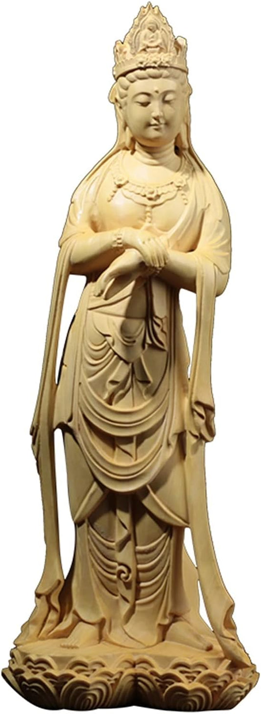 KIZQYN Guan Yin Statue Guanyin Sculpture Wood Carving Buddha Statue Worship Home Decor Boxwood 21cm Lucky Buddha Statue Ornaments Lucky Buddha Statue