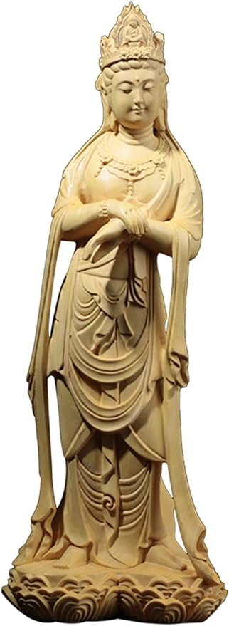 KIZQYN Guan Yin Statue Guanyin Sculpture Wood Carving Buddha Statue Worship Home Decor Boxwood 21cm Lucky Buddha Statue Ornaments Lucky Buddha Statue