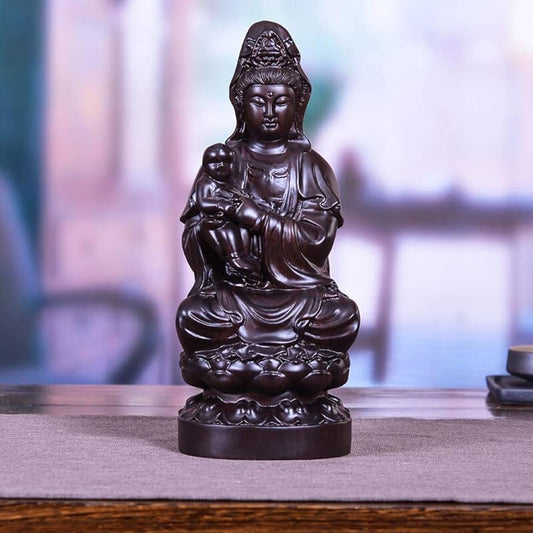 PONNYC Buddha Statue Ebony Wood Carving Guanyin Buddha Statue Ornaments Sitting Lotus Guanyin Bodhisattva Statue Crafts Home Decoration Furnishings Decorative Sculpture