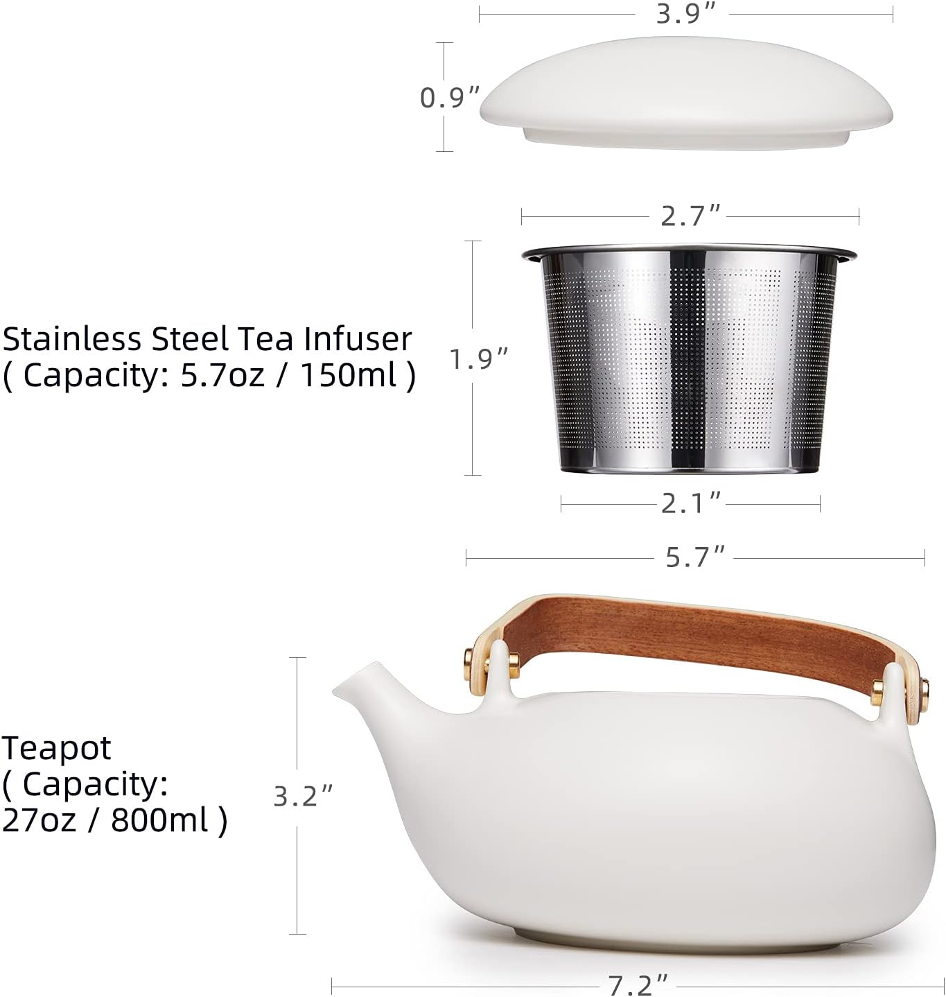 ZENS Teapot with Infuser,Matte Ceramic Japanese Tea Pot for Loose Leaf Tea, 27 Ounces Porcelain Teapots White for Women Gift with Modern Bentwood Handle, 800ml