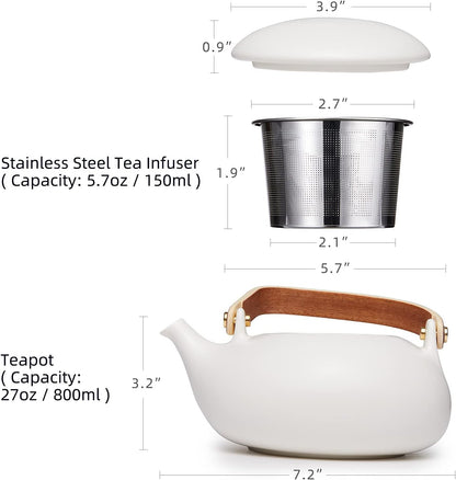 ZENS Teapot with Infuser,Matte Ceramic Japanese Tea Pot for Loose Leaf Tea, 27 Ounces Porcelain Teapots White for Women Gift with Modern Bentwood Handle, 800ml