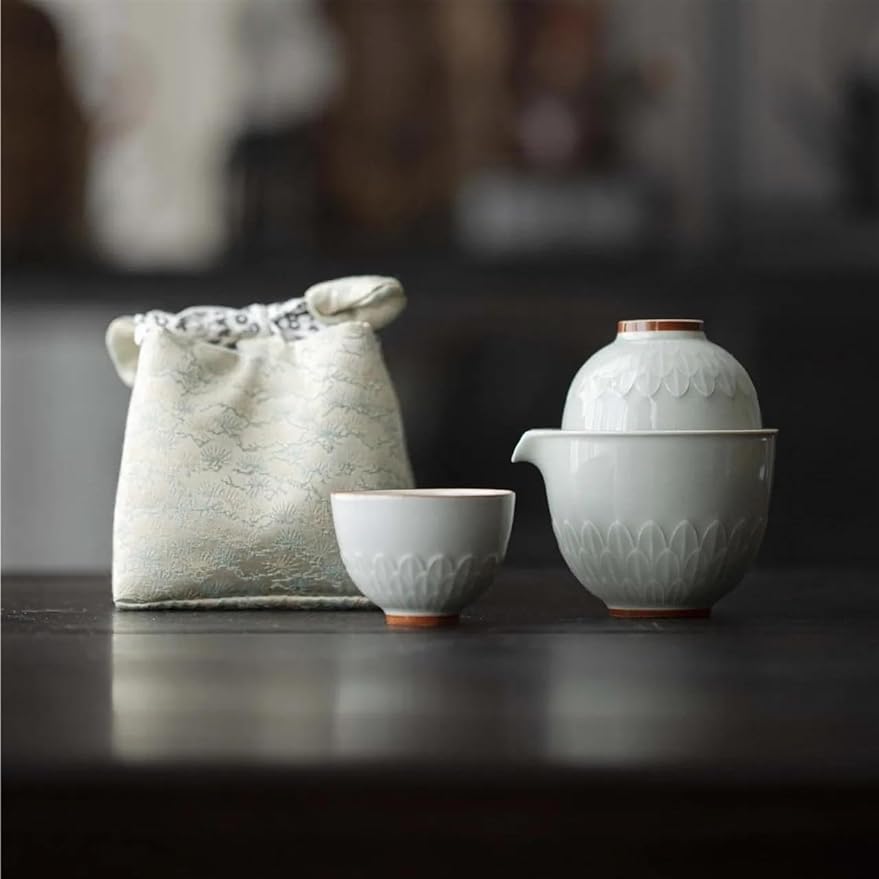 Afternoon Tea Set Antique Lotus Leaf Ceramic Tea Set Complete Set Travel Tea Set Tea Maker Gaiwan 1 Bowl 2 Cups Kung Fu Tea Set With Portable Bag Tea Set For Adults