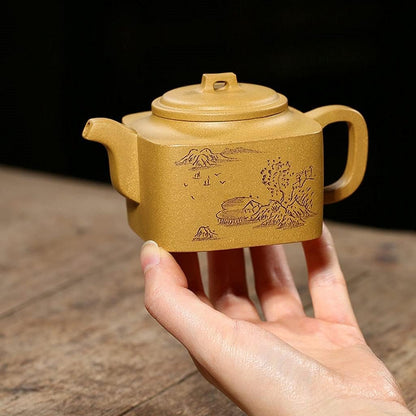 Zisha Tea Pot Yixing Purple Sand Teapot Manual Section Mud Square Pot Household Tea Square Pot Fruit Powder Tea Set Purple Clay Teapot (A 180ml/6.3oz)
