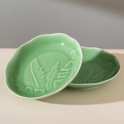 SILINE 8" Green Porcelain Dinner Plates Set,2 PCS Genuine Longquan Celadon Tableware Plates (Classic Cyan)