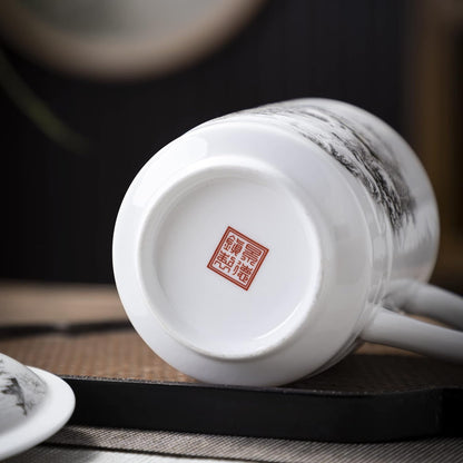 SILINE Fine Bone China Tea Cup with Lid 13.5 Oz, Jingdezhen Blue and White Porcelain Mug