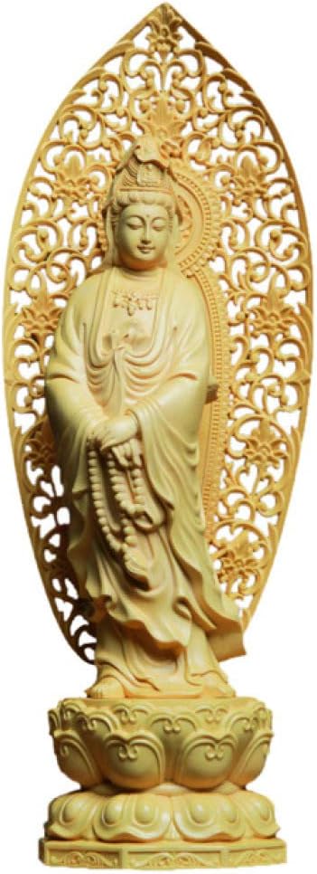 LILOVE Boxwood Standing Lotus Guanyin Statue Sculpture Wood Carving Craft Gift