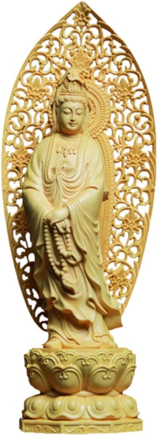 LILOVE Boxwood Standing Lotus Guanyin Statue Sculpture Wood Carving Craft Gift