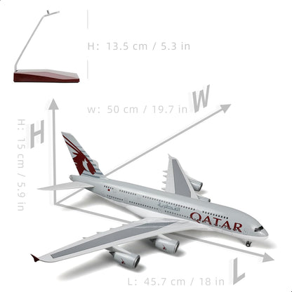 A380 Qatar 1/160 Large Scale Airplane Model - 18 inches Airbus A380 Die-cast Airplane with Stand for Aviation Enthusiasts Gifts or Decorations