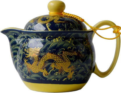 Yxhupot Teapot China Porcelain 12oz Dragon Navy blue Stainless Filtration Infuser for Loose Tea (navy blue)