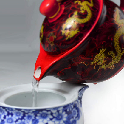 Teapot China Porcelain 12oz Dragon Stainless Steel Filtration Mash Infuser for Loose Tea (Red)