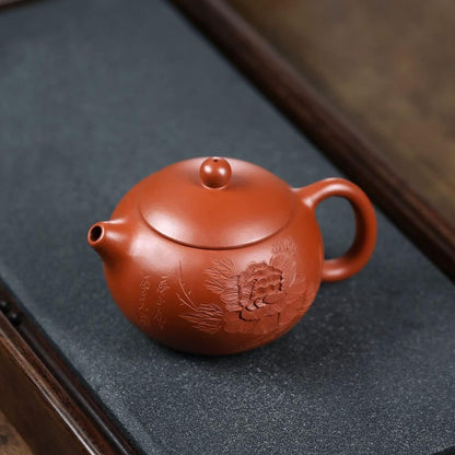 Genuine Yixing Purple Clay Carved Peony Xi Shi Teapot, Handmade Red Clay Zhu Ni Zisha Teapot, 220 ml (7.5 oz), Made By Master Wang Guo Wang (王国望)