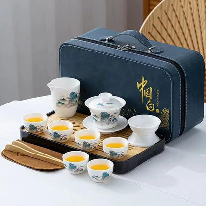 ICHAG Asian tea set |Kungfu tea sets |Ceramic Portable tea set|tea sets for adult |13-piece with grey leather case |Tea set gift for Home,Outdoor,Business