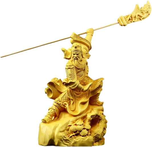 xiledu Wood Carving God of Wealth Guan Yu Statue,Feng Shui Gift Guan Gong Sculpture Home Office Decor,Guan Yun Chang Figurines Garden Shelf Decor
