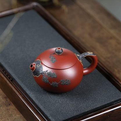 Genuine Yixing Purple Clay Hand Painted Pine Tree Xi Shi Teapot, Handmade Da Hong Pao Zisha Teapot, 250 ml (8.5 oz), Made By Master Jiang Li Ming (姜礼明)