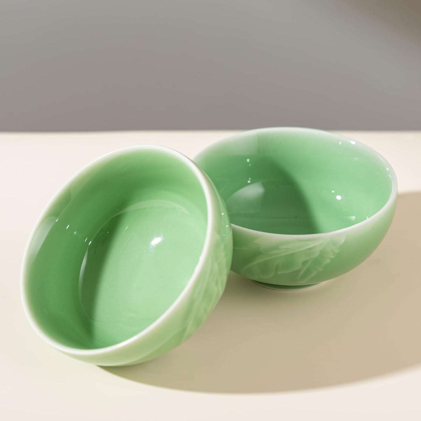 SILINE 4.5" Green Porcelain Bowls Set,2 PCS Genuine Longquan Celadon 10 Oz Rice Bowls (Classic Cyan)