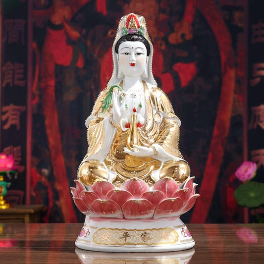 Getrelax Guan Yin Statue Quan Yin Statue Buddhist Avalokiteshvara Kuanyin/Buddhism Statue on Lotus -Best Chinese Feng Shui Gifts (10 Inches)