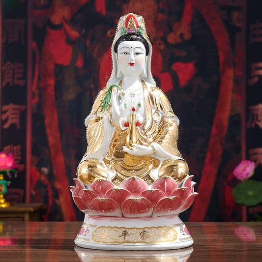 Getrelax Guan Yin Statue Quan Yin Statue Buddhist Avalokiteshvara Kuanyin/Buddhism Statue on Lotus -Best Chinese Feng Shui Gifts (12 Inches)