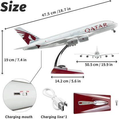 Lose Fun Park 1:160 Scale Large Model Airplane Qatar A380 Plane Models Diecast Airplanes with LED Light for Collection or Gift