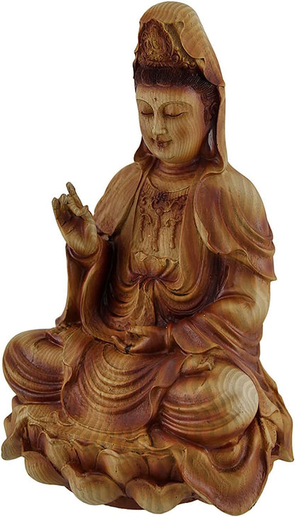 Zeckos Brown Wood Finish Resin Guanyin Goddess of Mercy Sitting On Lotus Statue 9 Inches High