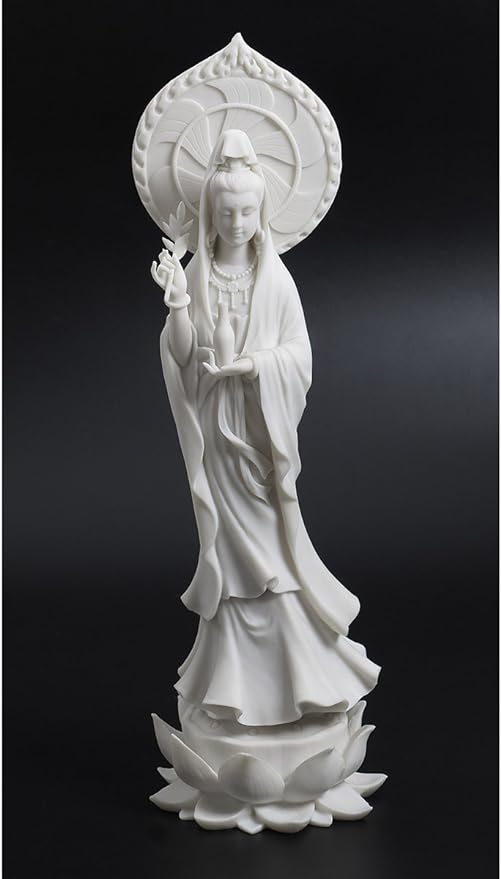 Large 17-inch Quan Yin Avalokiteshvara on Lotus Pedestal Marble-Finish Statue