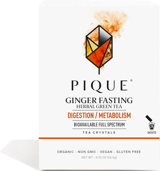 Pique Organic Ginger Fasting Tea Crystals - Digestive Support, Healthy Metabolism, Caffeinated Green Tea for Energy - 28 Single Serve Sticks (Pack of 1)