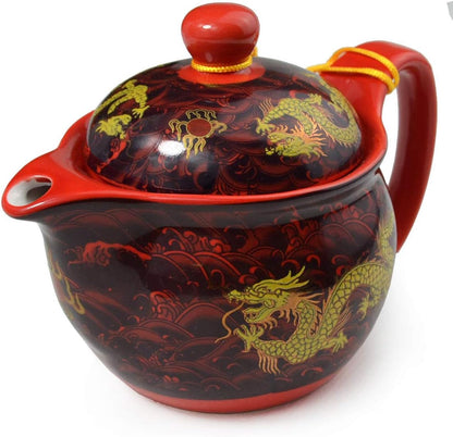 Teapot China Porcelain 12oz Dragon Stainless Steel Filtration Mash Infuser for Loose Tea (Red)