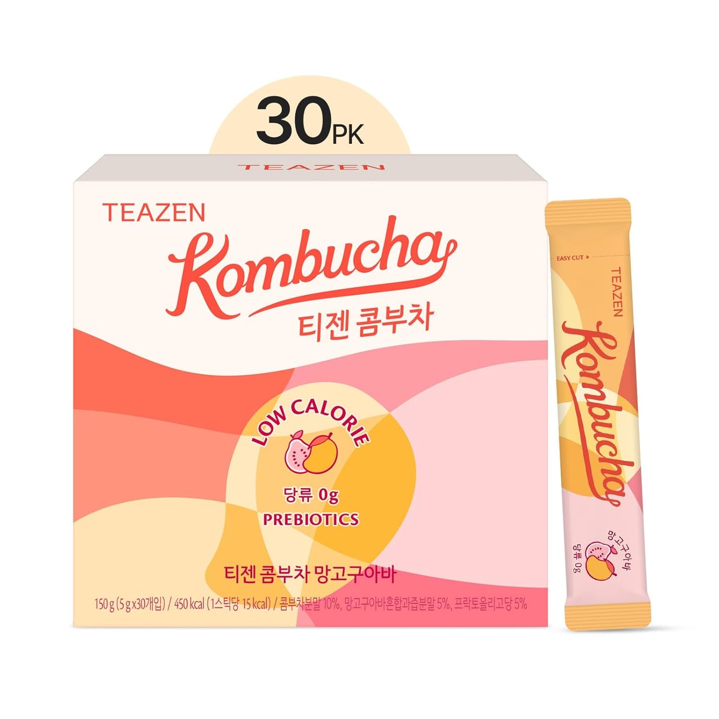 TEAZEN Pineapple Kombucha Tea, Live Probiotics & Postbiotics, Sugar Free, Low Caffeine, Sparkling Fermented Kombucha Powder from Korea, 30 Sticks, 5.29oz