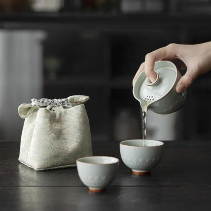 Afternoon Tea Set Antique Lotus Leaf Ceramic Tea Set Complete Set Travel Tea Set Tea Maker Gaiwan 1 Bowl 2 Cups Kung Fu Tea Set With Portable Bag Tea Set For Adults
